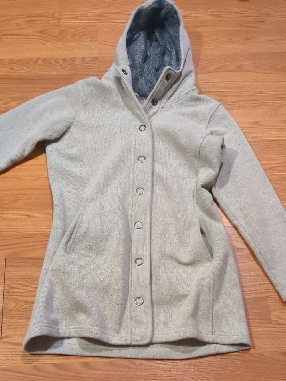 Kuhl Spyrit Hooded Fleece Sweater Jacket Long Snap Coat Cream Gray 